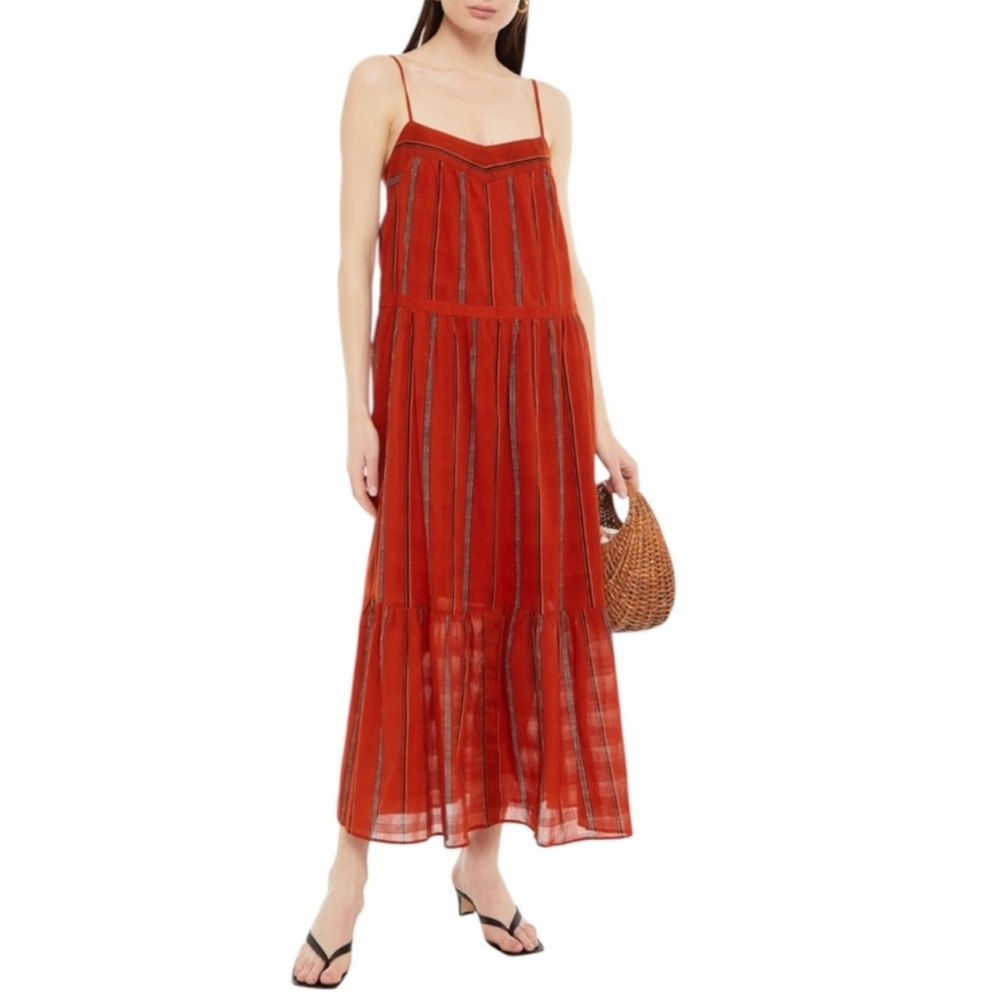 BA&SH Kyo Tiered Cotton Sleeveless Maxi Dress Caramel Brick Stripe Women's 6 - Picture 4 of 14